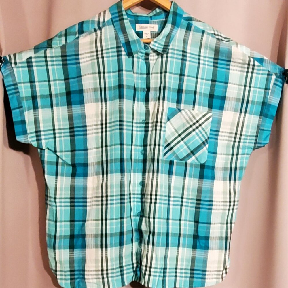 COLDWATER CREEK (Women's, 1X, Short Sleeve Shirt, Blue Plaid, Button Up. NEW